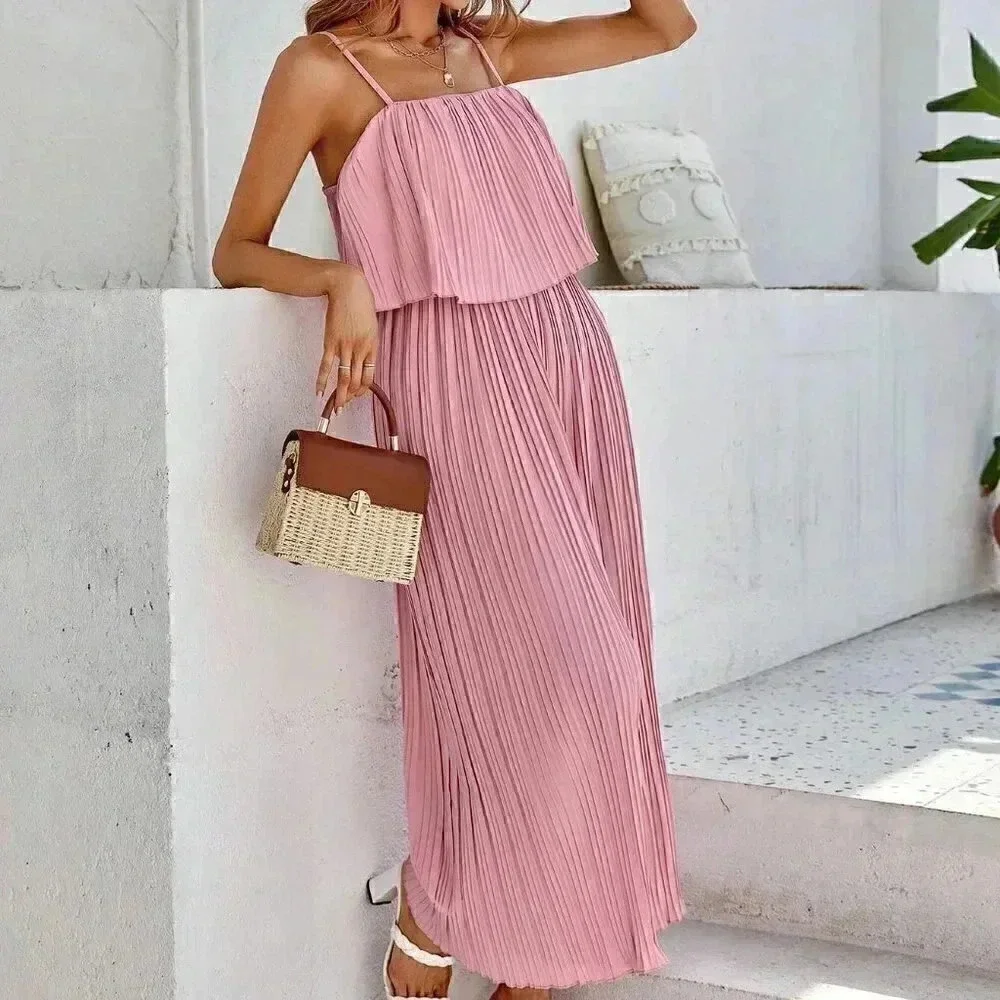 Pink Preppy Womens Solid Pleated Cami Jumpsuit